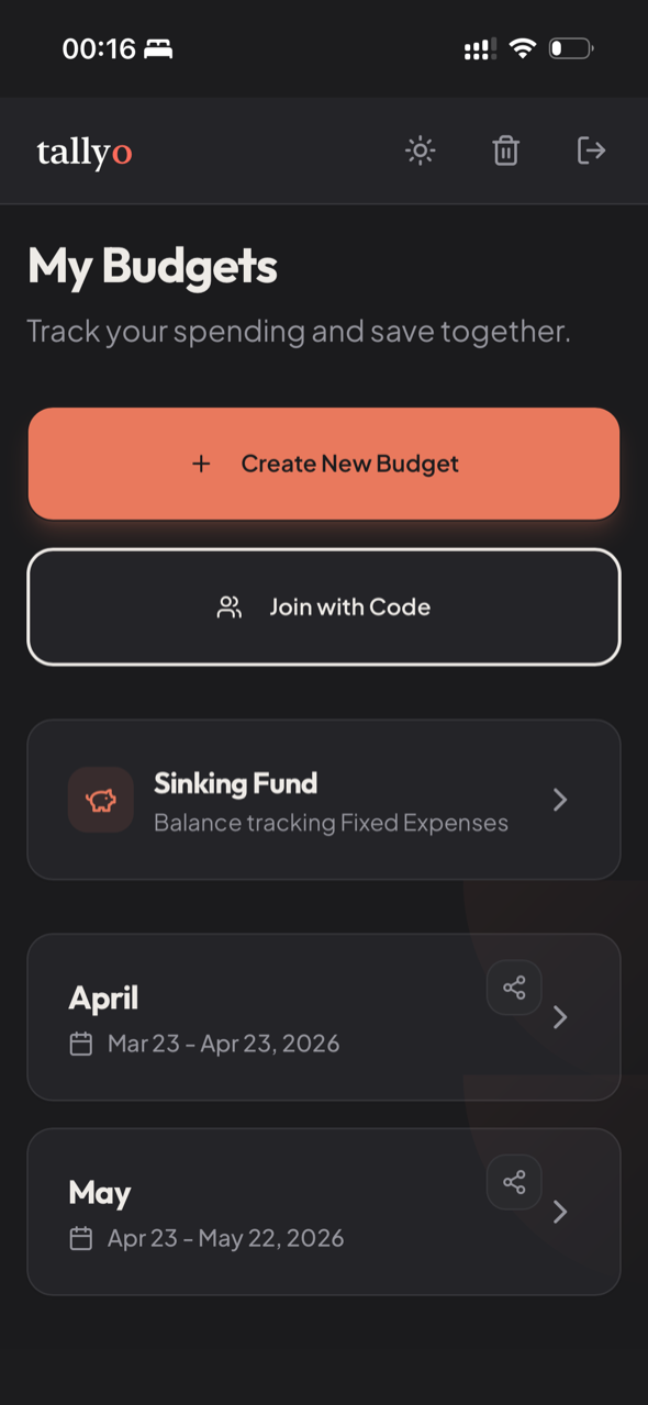 Tallyo My Budgets screen with Sinking Fund, April, and May budget cards on a dark background