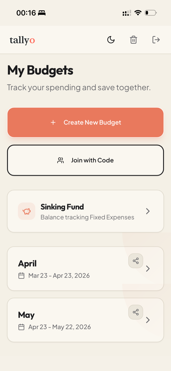 Tallyo My Budgets screen in light mode showing Sinking Fund, April, and May budget cards